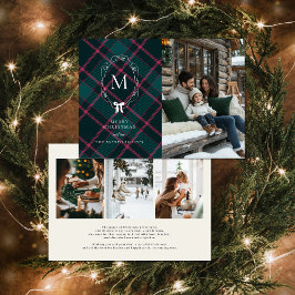 Cartão De Festividades Tartan Verde e Rosa | Monograma com Laço Coquette