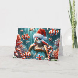 Cartão De Festividades Tartaruga-do-mar com chapéu de Natal