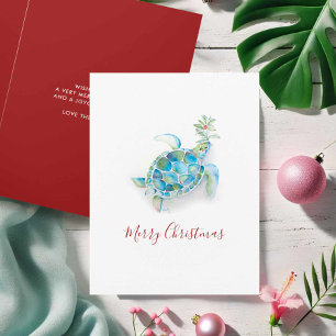 Cartão De Festividades Tartaruga Marinha de Natal Costeira em Aquarela