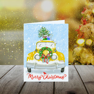 Cartão De Festividades Táxi Amarelo de Natal Vintage dos Anos 50 de Nova 