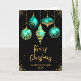 Cartão De Festividades Teal and Gold Ornaments Merry Christmas