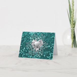 Cartão De Festividades Teal Faux Glitter Diamond Heart Snowflake