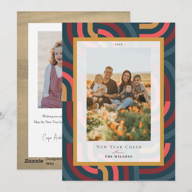 Cartão De Festividades Teal Geométrico Máximo 2 Foto do Ano Novo (Frente/Verso)