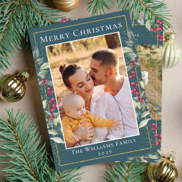 Cartão De Festividades Teal Green Dourado Natal Holly Berries 2 Foto