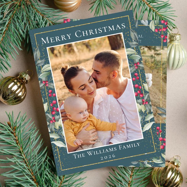 Cartão De Festividades Teal Green Dourado Natal Holly Berries 2 Foto (Criador carregado)