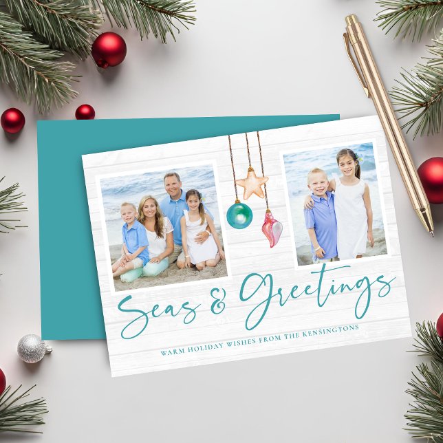 Cartão De Festividades Teal Seas e Saudações Foto de Férias Costeiras (Teal Seas and Greetings Coastal Wood Holiday Photo Card)