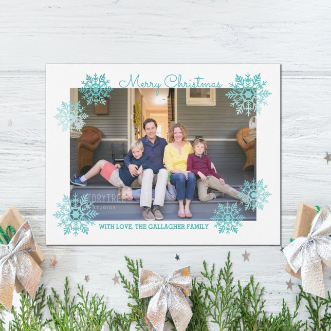Cartão De Festividades Teal Shimmering Chic Snowflake Foto de Feriado (Teal Shimmering Chic Snowflake Photo Holiday Card)