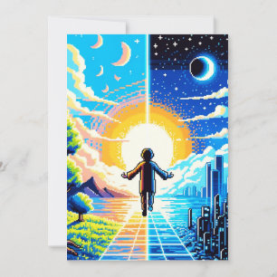 Cartão De Festividades Tech and Nature Harmony - Pixel Art de 8 bits