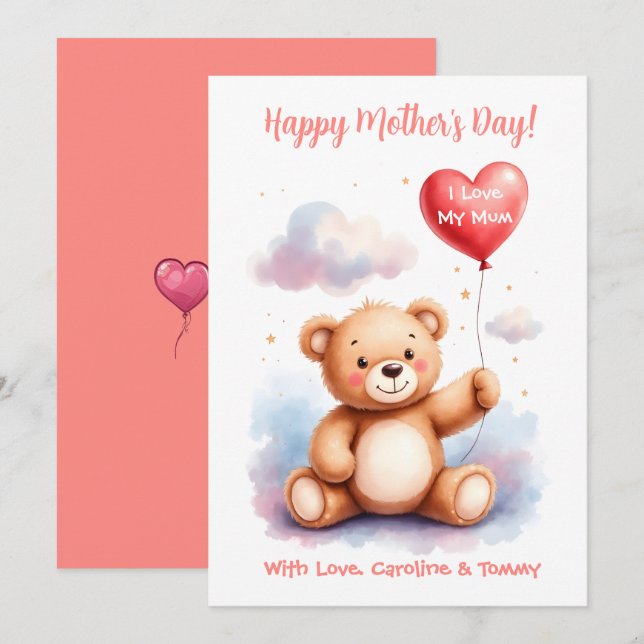 Cartão De Festividades Teddy Bear Heart Mothers Day (Frente/Verso)