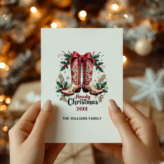 Cartão De Festividades Tema Ocidental Howdy Natal Cowgirl Boots (Criador carregado)