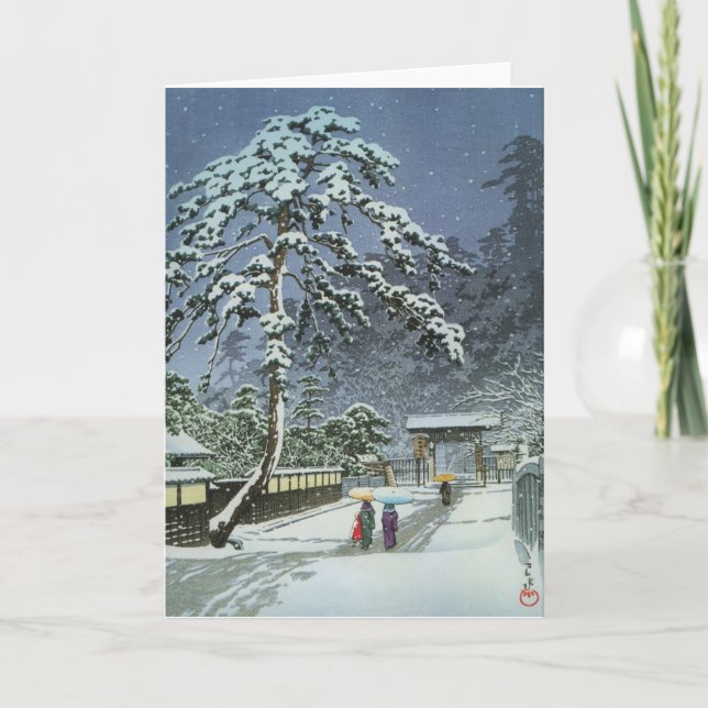 Cartão De Festividades Templo Honmonji em neve - Kawase Hasui 川 瀬 巴 水 (Frente)
