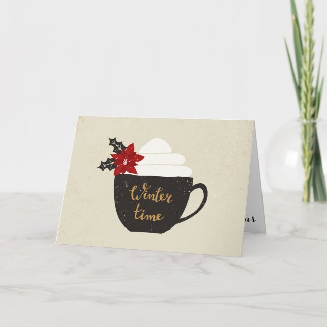 Cartão De Festividades Tempo de inverno vermelho da poinsétia do copo de (Frente)