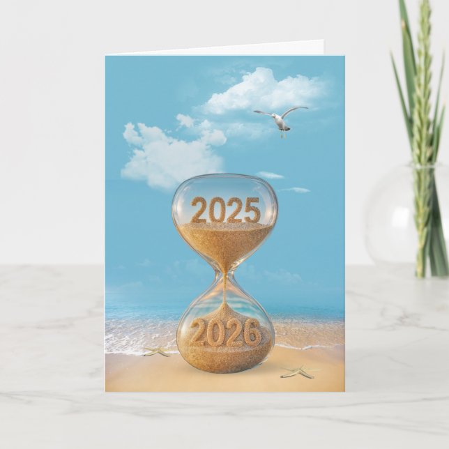 Cartão De Festividades Temporizador de Areia de 2026 na Praia (Frente)