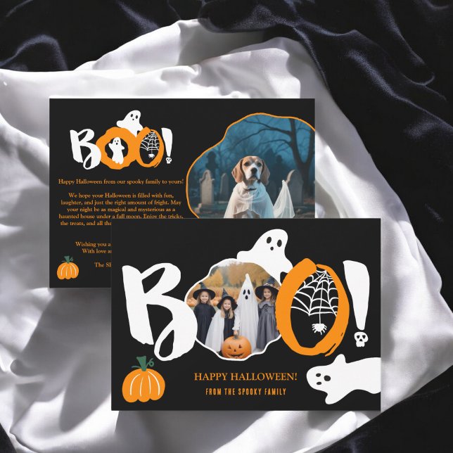 Cartão De Festividades Tendência moderna e bonita Boo fantasmas 2 fotos n (Cute Modern trendy Boo ghosts 2 photos Halloween Holiday Card)