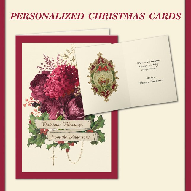 Cartão De Festividades Terço Católico Rosas Bebê Jesus Religioso (TRADITIONAL CATHOLIC VINTAGE CHRISTMAS CARD WITH HOLY ROSARY AND BABY JESUS )