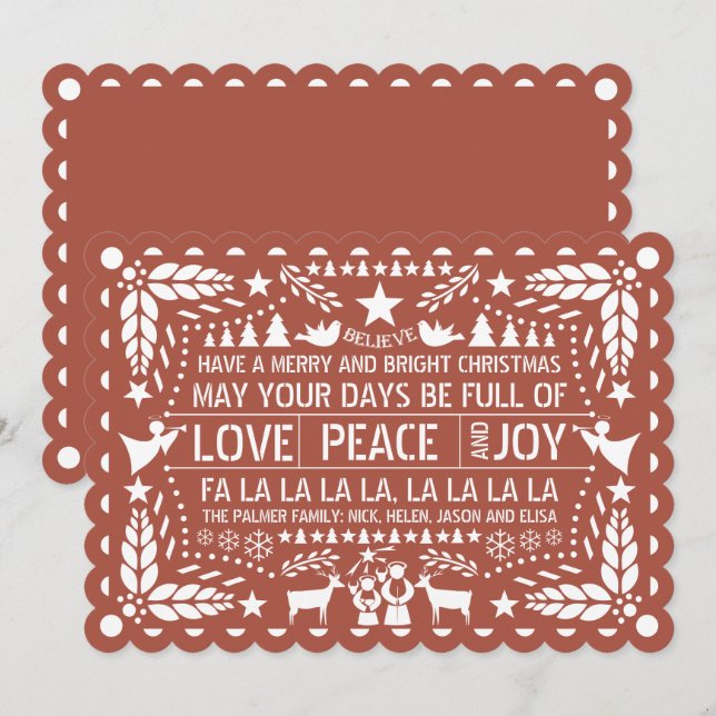 Cartão De Festividades Terracotta Love Peace Joy papel picado Natal (Frente/Verso)