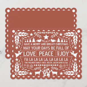 Cartão De Festividades Terracotta Love Peace Joy papel picado Natal