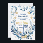 Cartão De Festividades Texto personalizado Blooms de Hanukkah Radiante<br><div class="desc">Apresentando o "Cartão de Sangue Radiante Chanucá"! Este elegante cartão de saudação quadrado é perfeito para celebrar Chanucá com um toque pessoal. O cartão apresenta uma menorah ilustrada de forma elegante com todas as velas acesas, rodeadas por ilustrações intrincadas de aquarelas, de flores azuis e brancas, de ouros e de...</div>