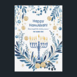Cartão De Festividades Texto personalizado Blooms de Hanukkah Radiante<br><div class="desc">Apresentando o "Cartão de Sangue Radiante Chanucá"! Este elegante cartão de saudação quadrado é perfeito para celebrar Chanucá com um toque pessoal. O cartão apresenta uma menorah ilustrada de forma elegante com todas as velas acesas, rodeadas por ilustrações intrincadas de aquarelas, de flores azuis e brancas, de ouros e de...</div>