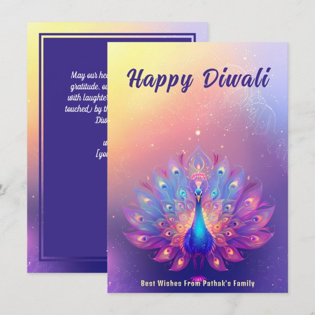 Cartão De Festividades Texto personalizado, Diwali Peacock Splendor (Frente/Verso)