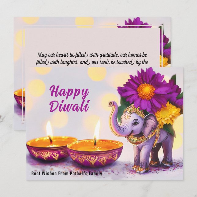 Cartão De Festividades Texto personalizado, Elegância do Elefante Diwali (Frente/Verso)