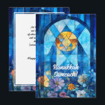 Cartão De Festividades Texto personalizado Feliz Hanukkah, vidro manchado<br><div class="desc">Mande suas saudações a Chanucá com um toque de elegância e tradição! Esta placa de saudação simples Feliz Hanukkah apresenta um design de vitrine manchada em tons de azul, com uma estrela amarela radiante de David no centro. Abaixo da estrela, duas lindas flores com pétalas roxas e folhas verdes adicionam...</div>