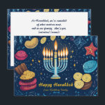 Cartão De Festividades Texto personalizado Festival de Luzes:<br><div class="desc">Apresentando o "Festival das Luzes: Um Cartão de Celebração de Chanucá Familiar"! Esta vibrante e festiva carta de saudação é perfeita para celebrar Chanucá. A frente apresenta uma linda menorah ilustrada com todas as velas acesas, cercada por símbolos tradicionais de Chanucá, como sonhos, gelt, sufganiyot e lats. O fundo azul...</div>