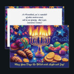 Cartão De Festividades Texto personalizado Festival de Luzes Delícia<br><div class="desc">Apresentando o cartão de saudação "Festival das Luzes Deliciosas"! Este cartão vibrante e festivo é perfeito para celebrar Chanucá. A frente apresenta uma linda menorah ilustrada com todas as velas acesas, lançando um brilho quente contra um fundo azul profundo adornado com estrelas e espirais festivos. Chanucá tradicional trata-se de suganítes...</div>