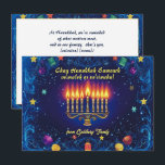 Cartão De Festividades Texto personalizado Festival de Luzes Elegância<br><div class="desc">Apresentando o cartão de saudação "Festival das Luzes Elegância"! Este cartão vibrante e festivo é perfeito para celebrar Chanucá. A frente apresenta uma linda menorah ilustrada com todas as velas acesas, lançando um brilho quente contra um fundo azul profundo adornado com sutis padrões florais e estrelas cintilantes. A saudação "Chag...</div>