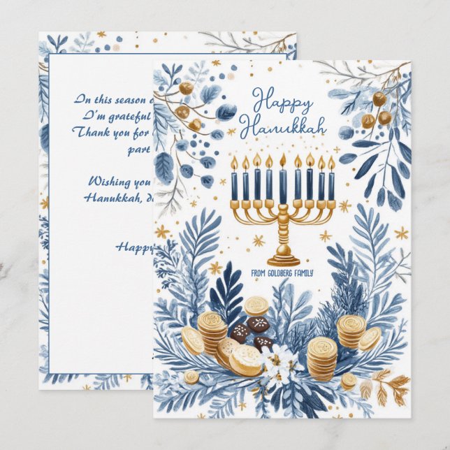 Cartão De Festividades Texto personalizado Flor Azul Hanukkah Menorah (Frente/Verso)