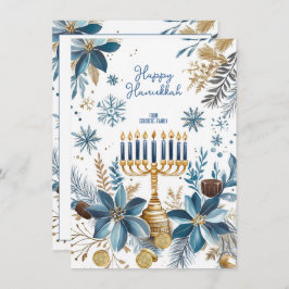 Cartão De Festividades Texto personalizado Flor Azul Hanukkah Menorah