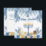 Cartão De Festividades Texto personalizado Folhagem Festiva Hanukkah<br><div class="desc">Apresentando o "Cartão Festivo de Folhagem Chanucá"! Este elegante cartão de saudação quadrado é perfeito para celebrar Chanucá com um toque pessoal. O cartão apresenta uma menorah ilustrada de forma elegante com todas as velas acesas, rodeadas por ilustrações intrincadas de cor d'água das moedas de folhagem e ouro azul e...</div>