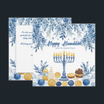 Cartão De Festividades Texto personalizado Folhagem Festiva Hanukkah<br><div class="desc">Apresentando o "Cartão Festivo de Folhagem Chanucá"! Este elegante cartão de saudação quadrado é perfeito para celebrar Chanucá com um toque pessoal. O cartão apresenta uma menorah ilustrada de forma elegante com todas as velas acesas, rodeadas por ilustrações intrincadas de cor d'água das moedas de folhagem e ouro azul e...</div>