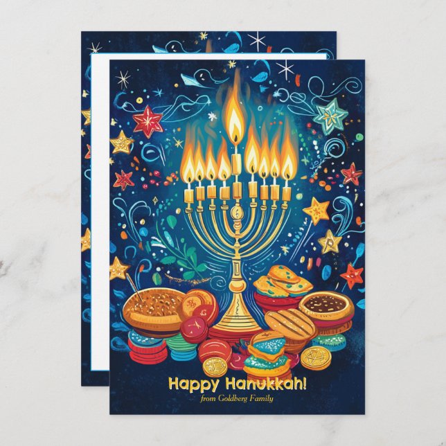 Cartão De Festividades Texto personalizado Menorah saudação mágica (Frente/Verso)