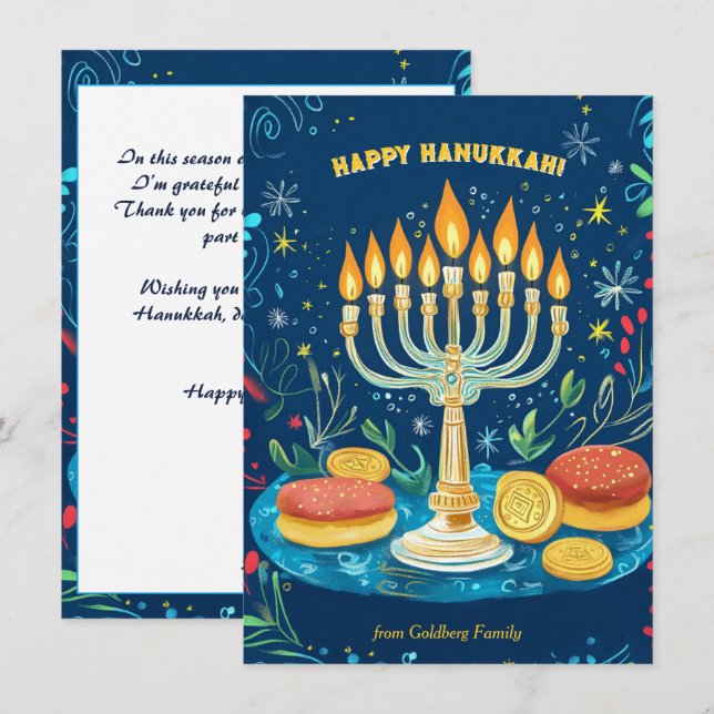 Cartão De Festividades Texto personalizado que Starlit Hanukkah deseja (Frente/Verso)
