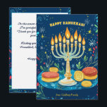 Cartão De Festividades Texto personalizado que Starlit Hanukkah deseja<br><div class="desc">Apresentando o "Cartão Joy Hanukkah"! Este delicioso cartão de saudação captura a essência de Chanucá com seu design vibrante. A frente mostra uma menorah lindamente iluminada, simbolizando os oito dias de luz, colocada contra um rico fundo azul marinho enfeitiçado por estrelas e espirais festivos. Ao redor do menorá estão os...</div>