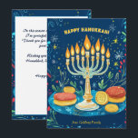 Cartão De Festividades Texto personalizado que Starlit Hanukkah deseja<br><div class="desc">Apresentando o "Cartão Joy Hanukkah"! Este delicioso cartão de saudação captura a essência de Chanucá com seu design vibrante. A frente mostra uma menorah lindamente iluminada, simbolizando os oito dias de luz, colocada contra um rico fundo azul marinho enfeitiçado por estrelas e espirais festivos. Ao redor do menorá estão os...</div>