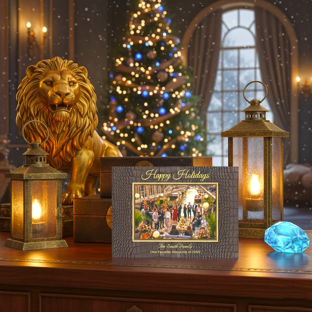 Cartão De Festividades Textura de Jacaré Marrom Falso Impresso Foto (Luxury Brown Alligator Print Frame Photo Holiday Card)