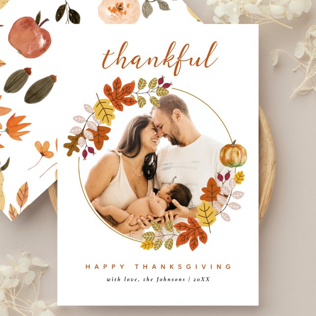 Cartão De Festividades Thankful Script Fall Botanicals Photo Thanksgiving (Criador carregado)