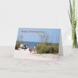 Cartão De Festividades Thanksgiving Card, Humor with Turkeys on the Beach