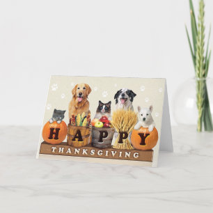 Cartão De Festividades Thanksgiving Day cat and dogs