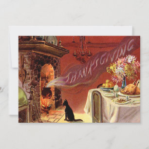 Cartão De Festividades Thanksgiving Dinner Black Cat Fireplace Turkey