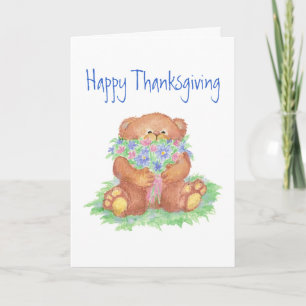 Cartão De Festividades Thanksgiving,Give Thanks, Teddy Bear Flowers