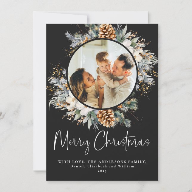 Cartão De Festividades Tipografia Botânica Elegante | Natal Negro (Frente)