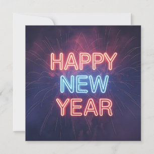 Cartão De Festividades Tipografia "Feliz Ano Novo" em Neon com Fogos de A