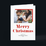 Cartão De Festividades Tipografia Festiva Vermelha Foto Feliz de Natal<br><div class="desc">Feliz Natal! Mande cumprimentos festivos nesta época de Natal com este cartão de Natal fotográfico. Apresenta uma tipografia vermelha e arrojada e um padrão pinstripes. Personalize adicionando uma foto,  nomes,  ano e outros detalhes. Este cartão de Natal de tipografia moderno está disponível em outros estoques de cartolina.</div>