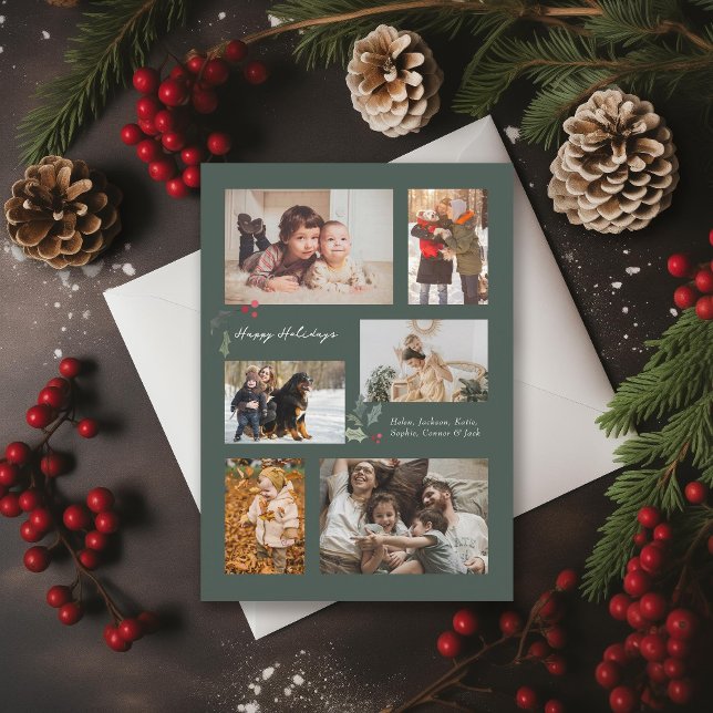 Cartão De Festividades Tocar no Verde de Colagem de Fotos Holly Minimal (Criador carregado)