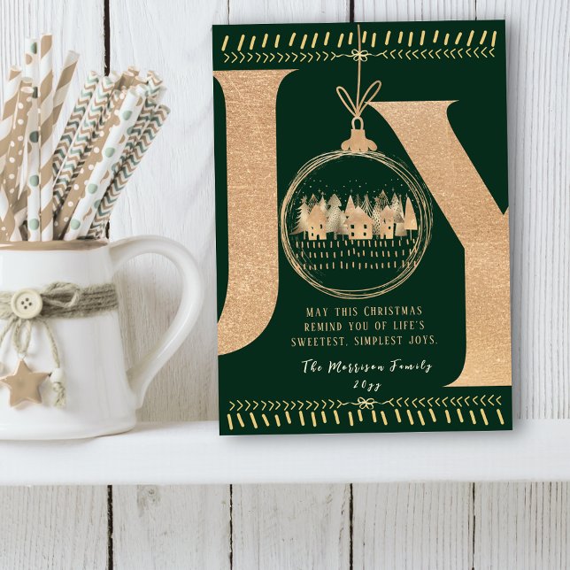 Cartão De Festividades Toque Festivo Clássico Simples Verde e Dourado “JO (Classic Festive Touch Simple Green and Gold “JOY” Holiday Card)