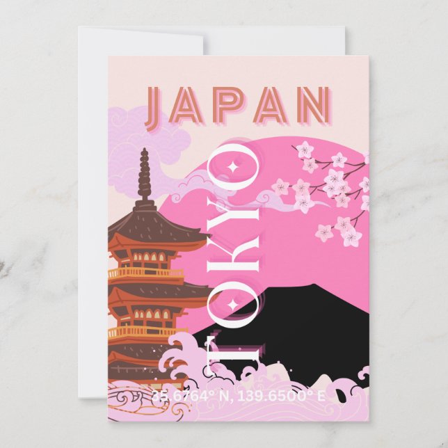 Cartão De Festividades Tóquio Japão Viagem Art, Retro-Viagem Art, Rosa (Frente)