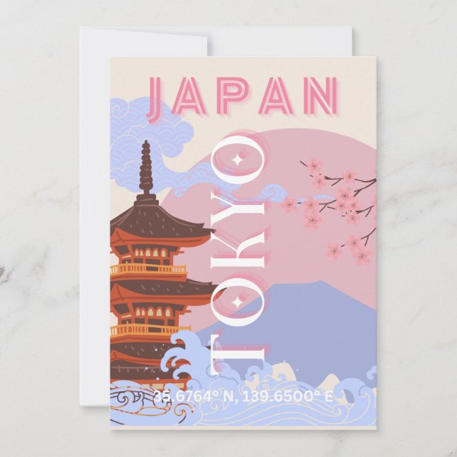 Cartão De Festividades Tóquio Japão Viagem Art, Retro-Viagem Art, Rosa (Frente)